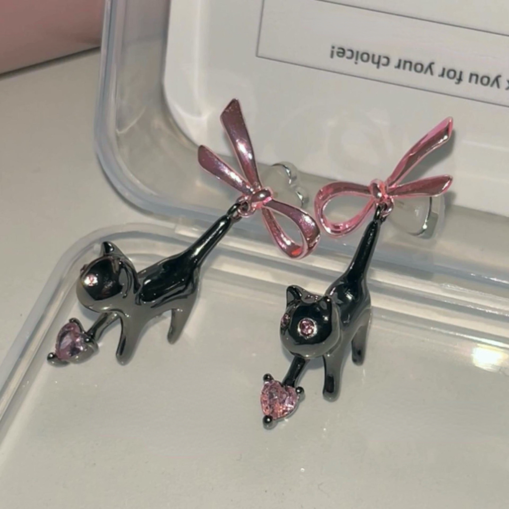 Anting Busur Pink Kucing Hitam Gadis Manis