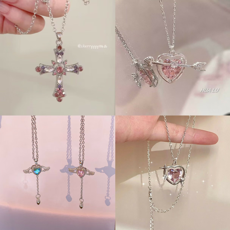 IFYOU Jika Anda Sederhana Y2K Perak Kristal Kupu-Kupu Kalung Fashion Merah Muda Jantung Choker Liontin Kalung Untuk Wanita Perhiasan Aksesoris