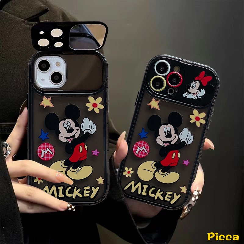 IPHONE Casing Cermin Make Up Flip Kreatif Kompatibel Untuk Iphone7 8 14 Plus 11 14 13 12 Pro MAX X XR XS MAX SE 2020 Kartun Disney Mickey Bunga Shockproof Lembut TPU Phone Cover