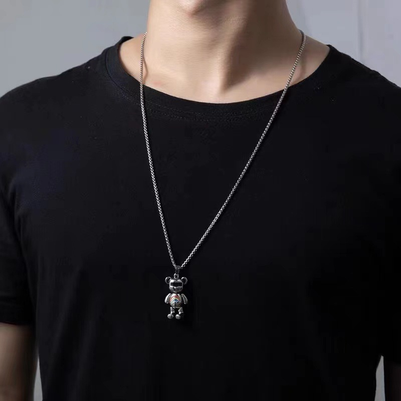 XiaoboACC Kalung Rantai Liontin Beruang Pelangi Bahan Stainless Steel Gaya Hip Hop - 60CM