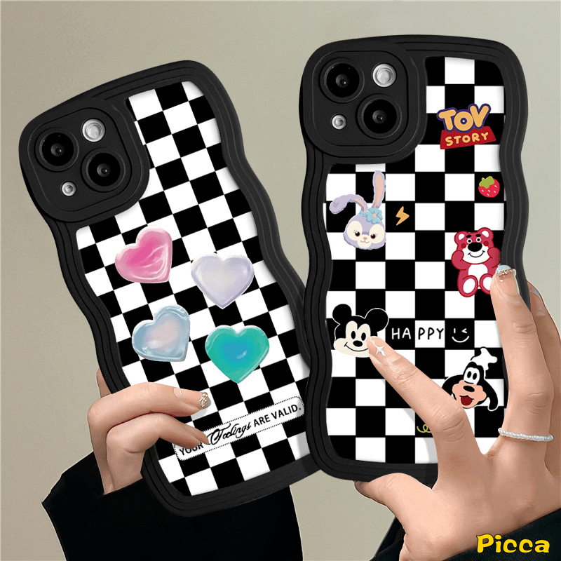 IPHONE Casing Ponsel Pasangan Kompatibel Untuk Iphone11 14 13 12 Pro Max 7Plus XR 6s 7 8 6 14 Plus X XS Max SE 2020 Kartun Toy Story Checkerboard Love Heart Tpu Wavy Edge Soft Cover