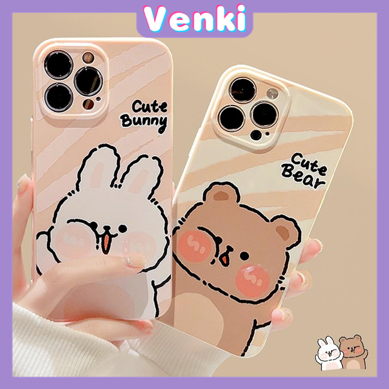 VENKI - For iPhone 11 iPhone Case Film TPU Soft Case White Glossy Cute Bear Rabbit Camera Protection Shockproof Compatible with iPhone 14 13 Pro max 12 Pro Max xr xs max 7 8Plus