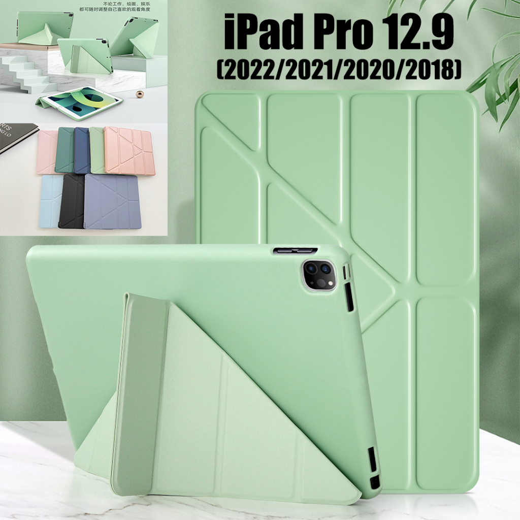 Untuk iPad Pro 12.9 2022 2021 2020 2018 12.9-inci 5th 4th 3rd generation Fashion Multi Lipat Y Stand Full Cover High End Tablet Pelindung Flip Case Warna Solid Lembut Casing TPU