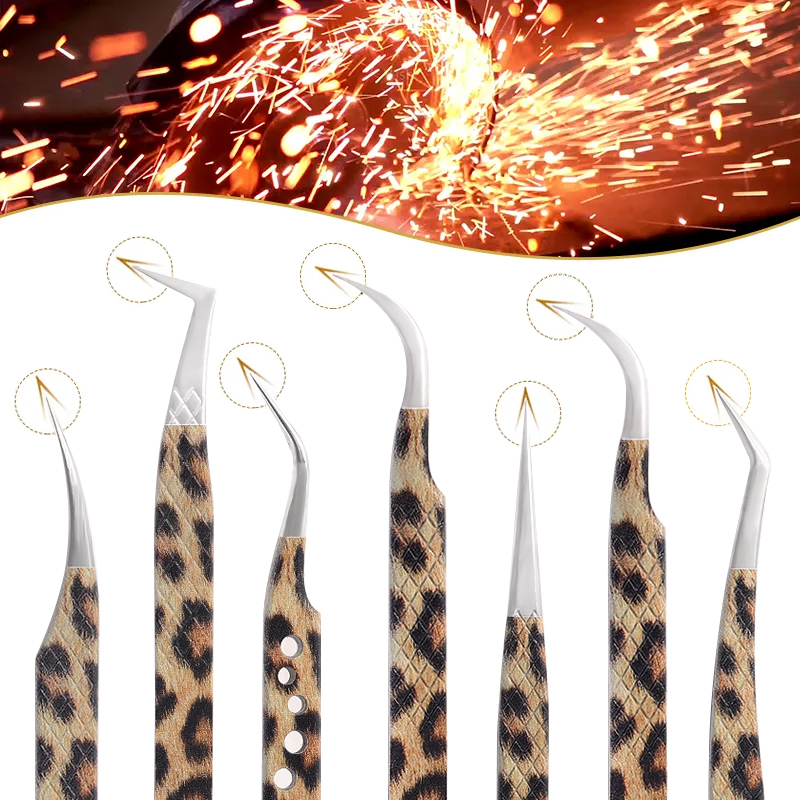 New Leopard Lash Pinset Stainless Steel Superhard Pinset Dengan Tip Serat Presisi Tinggi Anti-Statis Klip Ekstensi Bulu Mata