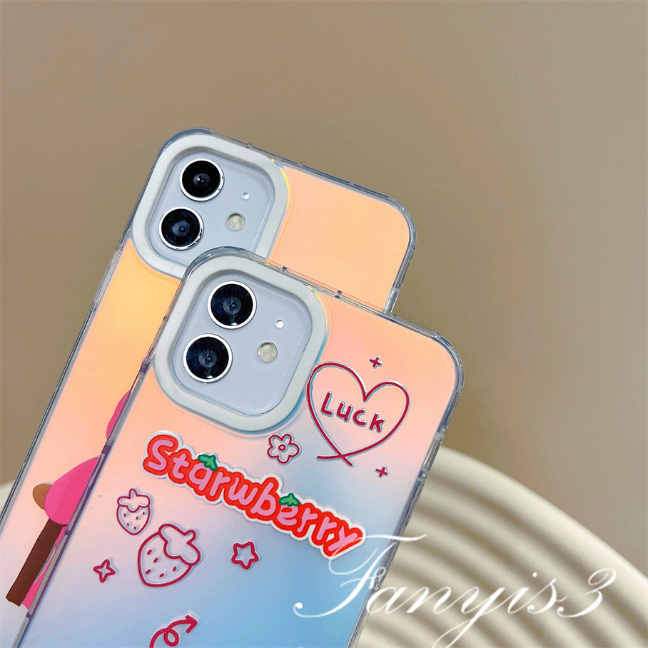 Compatible For IPhone 14 13 12 11 Pro Max X XR Xs Max 8 7 Plus SE 2020 Kompatibel Untuk Lucky Strawberry Bear IMD Laser Gradient Phone Case TPU Lembut Shockproof Cover Pelindung