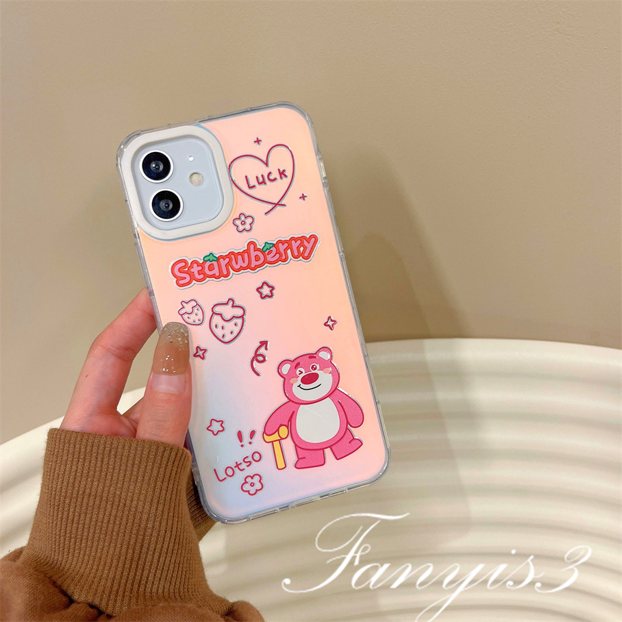 Compatible For IPhone 14 13 12 11 Pro Max X XR Xs Max 8 7 Plus SE 2020 Kompatibel Untuk Lucky Strawberry Bear IMD Laser Gradient Phone Case TPU Lembut Shockproof Cover Pelindung