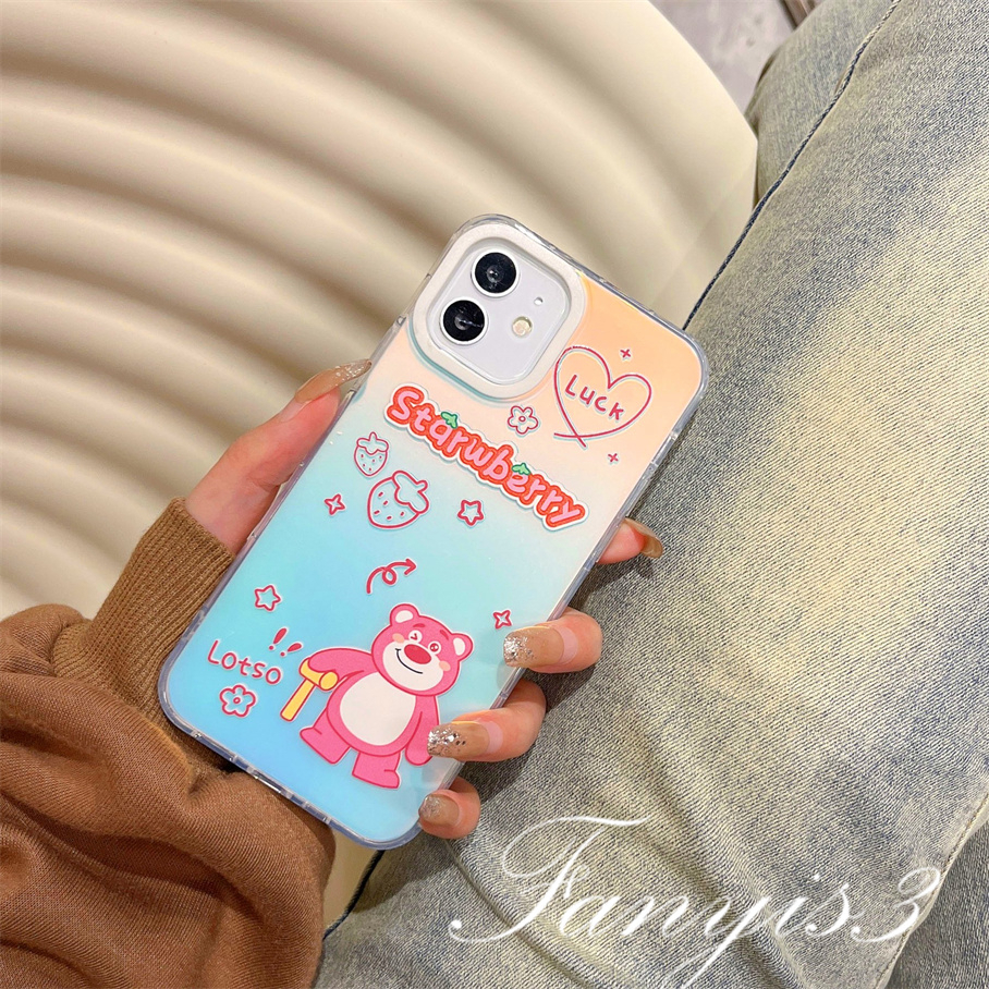 Compatible For IPhone 14 13 12 11 Pro Max X XR Xs Max 8 7 Plus SE 2020 Kompatibel Untuk Lucky Strawberry Bear IMD Laser Gradient Phone Case TPU Lembut Shockproof Cover Pelindung