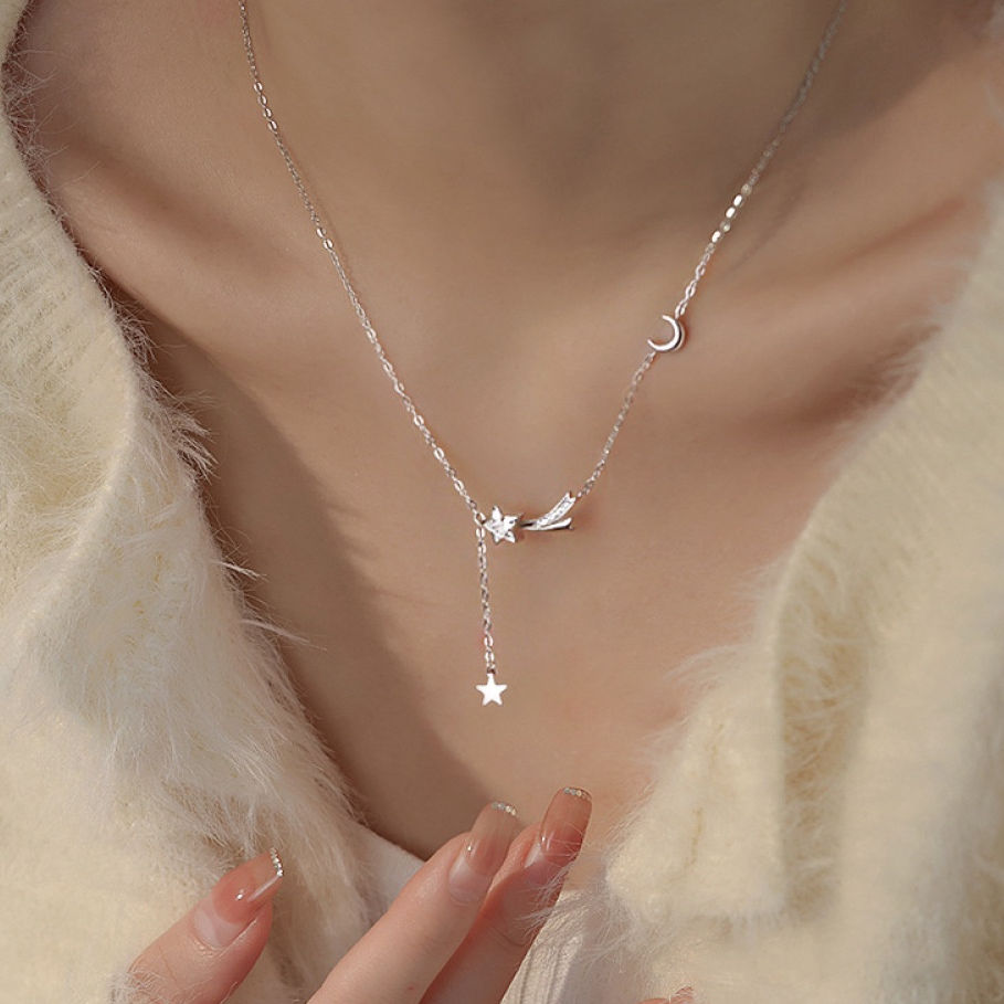 Sederhana Perak Berlapis Bintang Bulan Liontin Kalung Wanita Tembaga Perhiasan Aksesoris Hadiah Pesta