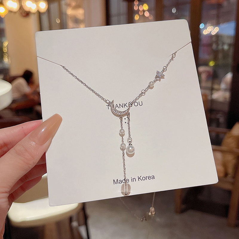 Mewah Panjang Rumbai Bintang Bulan Liontin Kalung Titanium Wanita Indah Zirkon Choker Necklace