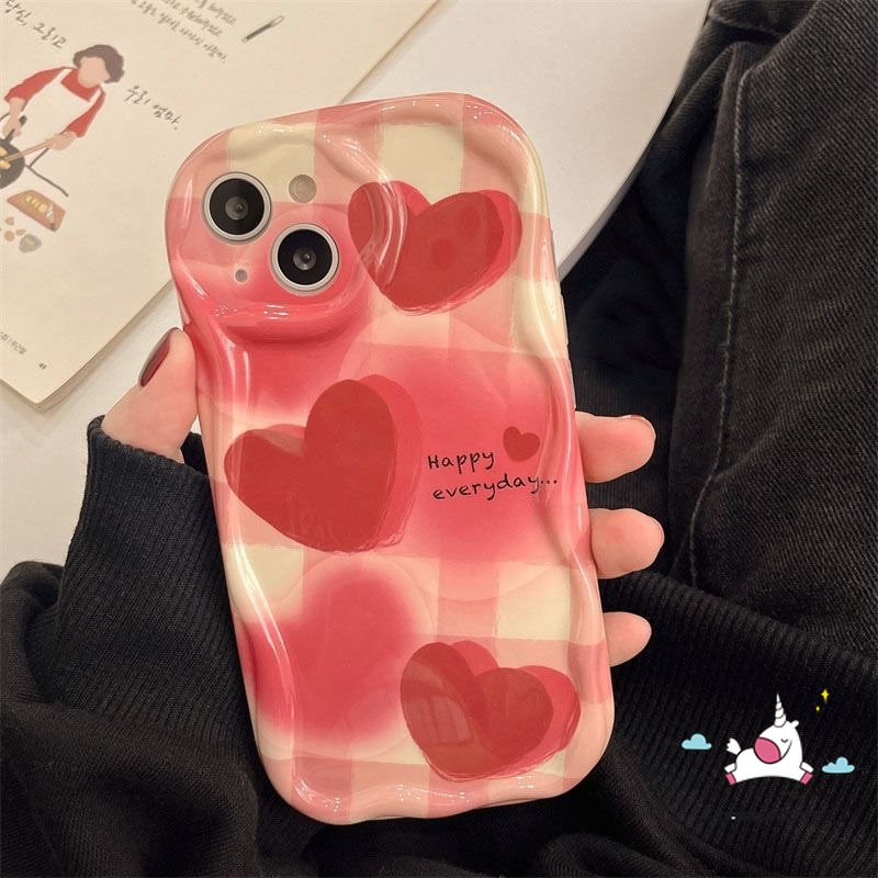 Casing Kompatibel Untuk iPhone 7plus 6s 6 7 8 Plus 11 13 12 14 Pro Max XR X XS Max SE 2020 Ins Lukisan Minyak Cinta Hati Tpu Lembut Shockproof Airbag Glossy 3D Bergelombang Tepi Melengkung Case