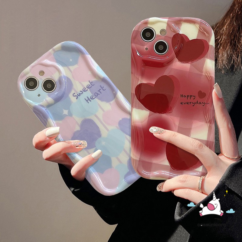 Casing Kompatibel Untuk iPhone 7plus 6s 6 7 8 Plus 11 13 12 14 Pro Max XR X XS Max SE 2020 Ins Lukisan Minyak Cinta Hati Tpu Lembut Shockproof Airbag Glossy 3D Bergelombang Tepi Melengkung Case