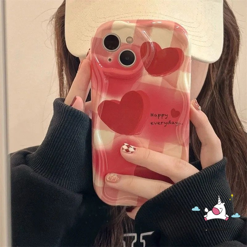 Casing Kompatibel Untuk iPhone 7plus 6s 6 7 8 Plus 11 13 12 14 Pro Max XR X XS Max SE 2020 Ins Lukisan Minyak Cinta Hati Tpu Lembut Shockproof Airbag Glossy 3D Bergelombang Tepi Melengkung Case