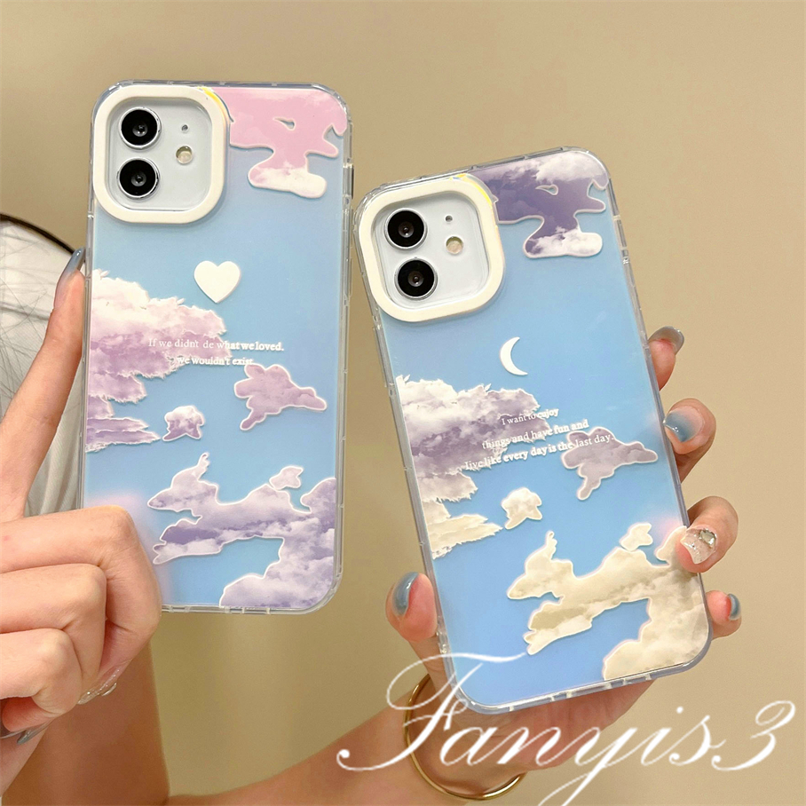 Compatible For IPhone 14 13 12 11 Pro Max X XR Xs Max 8 7 Plus SE 2020 Kompatibel Untuk Awan Warna-Warni Dan Bulan IMD Laser Gradiasi Ponsel Case TPU Lembut Shockproof Cover Pelindung