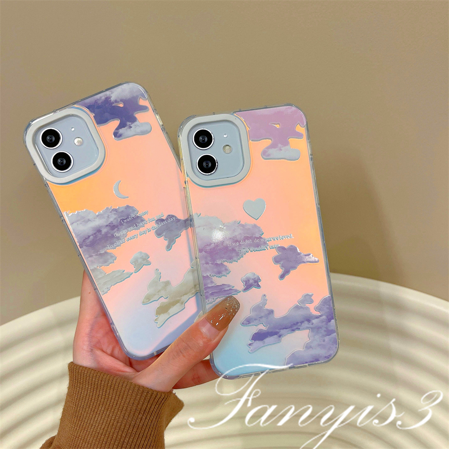 Compatible For IPhone 14 13 12 11 Pro Max X XR Xs Max 8 7 Plus SE 2020 Kompatibel Untuk Awan Warna-Warni Dan Bulan IMD Laser Gradiasi Ponsel Case TPU Lembut Shockproof Cover Pelindung