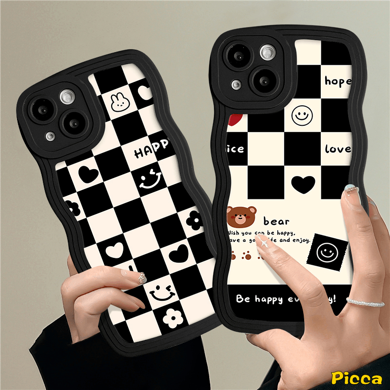 Redmi Note11 10 9 8 11Pro 10s 11s 9s 10Pro Max Redmi A1+10C 9A 9T 9 10A 9C A1 10 POCO M3 X3 NFC Pro Mi 11T Pro Smile Love Heart Chessboard Beruang Lucu Couple Lembut Bergelombang Tepi Sarung