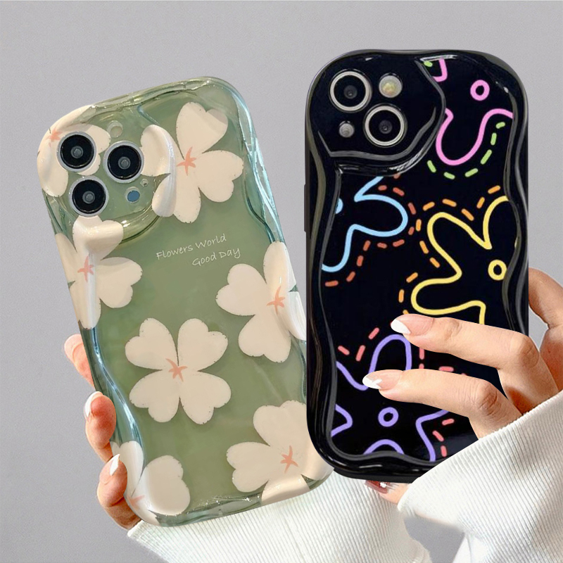 IPHONE Casing Bunga Segar Tepi Melengkung Bergelombang 3D Kompatibel Untuk Iphone11 Pro Max14 13 12 XR 6s 6 7 8 Plus 7plus X XS Max SE 2020 Tpu Lembut Shockproof Airbag Glossy Floral Cover