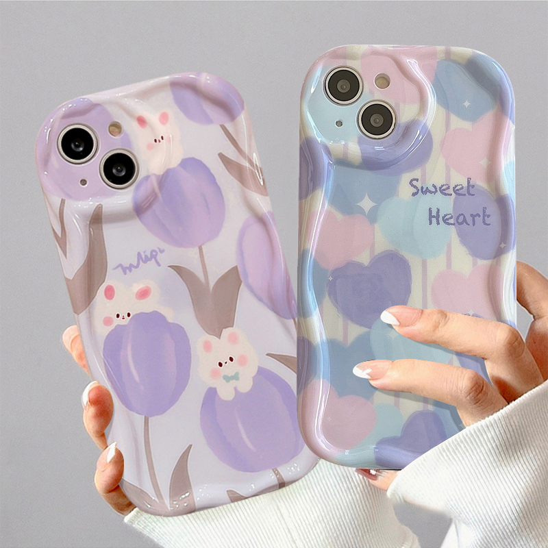 IPHONE Ins Lukisan Cat Minyak Cinta Hati Casing Kompatibel Untuk Iphone11 13 12 14 Pro Max XR 7plus 6s 6 7 8 Plus X XS Max SE 2020 3D Wavy Curved Edge Soft Tpu Shockproof Airbag Glossy Case