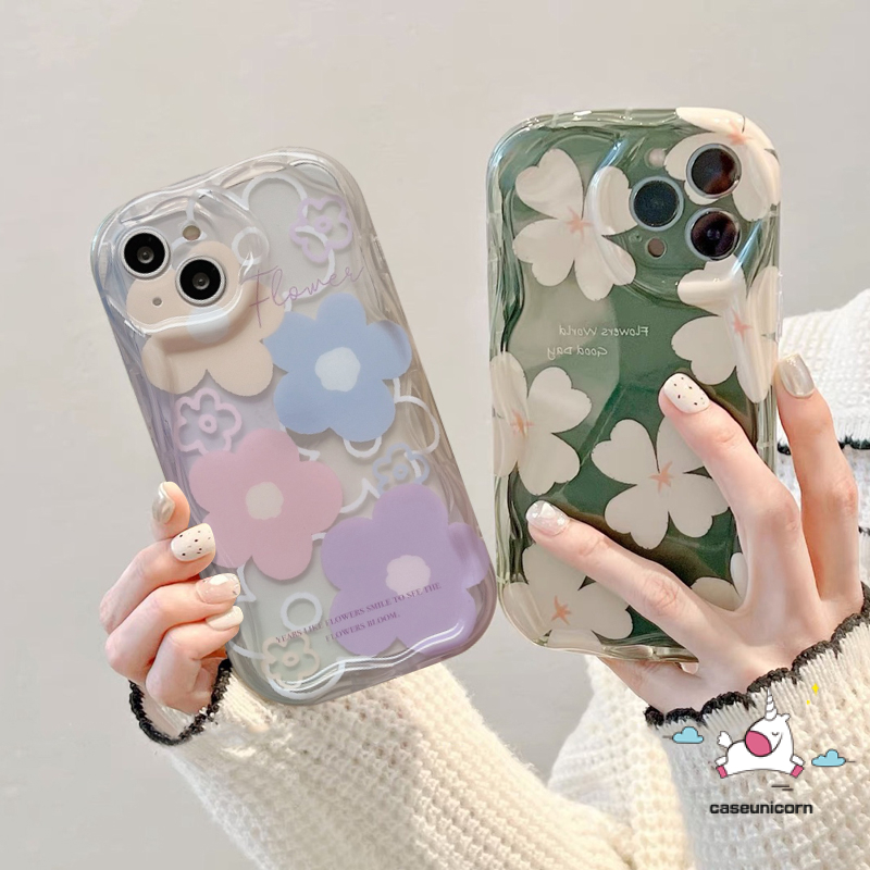 IPHONE Case Bunga Kompatibel Untuk Iphone11 14 13 12 Pro Max XR 6s 6 7 8 Plus 7plus X XS Max SE 2020 3D Wavy Curved Edge Fresh Flowers Tpu Lembut Shockproof Airbag Glossy Back Cover