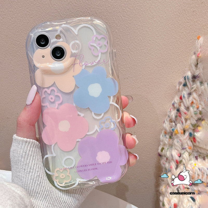 IPHONE Case Bunga Kompatibel Untuk Iphone11 14 13 12 Pro Max XR 6s 6 7 8 Plus 7plus X XS Max SE 2020 3D Wavy Curved Edge Fresh Flowers Tpu Lembut Shockproof Airbag Glossy Back Cover