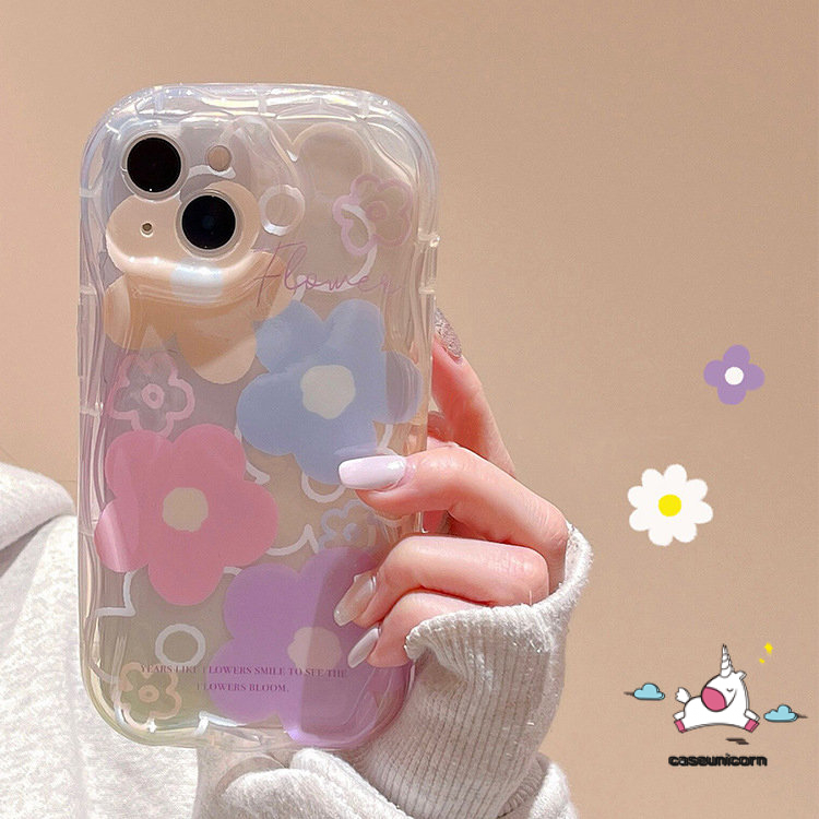 IPHONE Case Bunga Kompatibel Untuk Iphone11 14 13 12 Pro Max XR 6s 6 7 8 Plus 7plus X XS Max SE 2020 3D Wavy Curved Edge Fresh Flowers Tpu Lembut Shockproof Airbag Glossy Back Cover