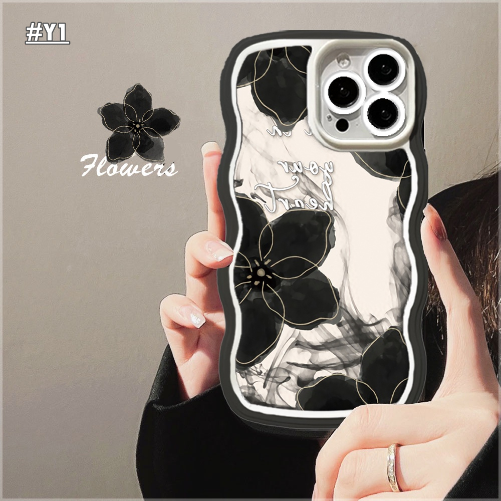 Casing Mewah Kompatibel Untuk iPhone 6Plus 11 Pro Max XR X XS Max 6s 7 8 6 14 Plus 13 11 12 14 Pro Max SE Wavy Case Luxury Inkwash Lukisan Bunga Teratai Soft TPU Clear Cover RIXUAN