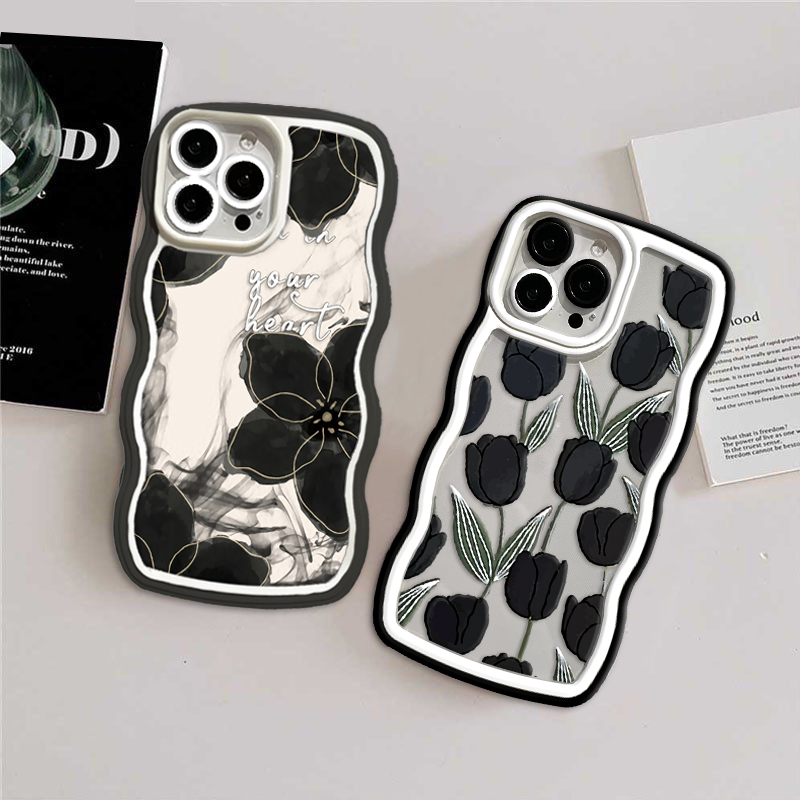 Casing Mewah Kompatibel Untuk iPhone 6Plus 11 Pro Max XR X XS Max 6s 7 8 6 14 Plus 13 11 12 14 Pro Max SE Wavy Case Luxury Inkwash Lukisan Bunga Teratai Soft TPU Clear Cover RIXUAN