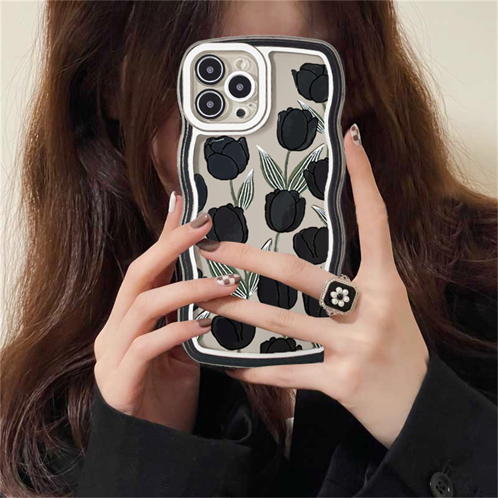 Casing Mewah Kompatibel Untuk iPhone 6Plus 11 Pro Max XR X XS Max 6s 7 8 6 14 Plus 13 11 12 14 Pro Max SE Wavy Case Luxury Inkwash Lukisan Bunga Teratai Soft TPU Clear Cover RIXUAN