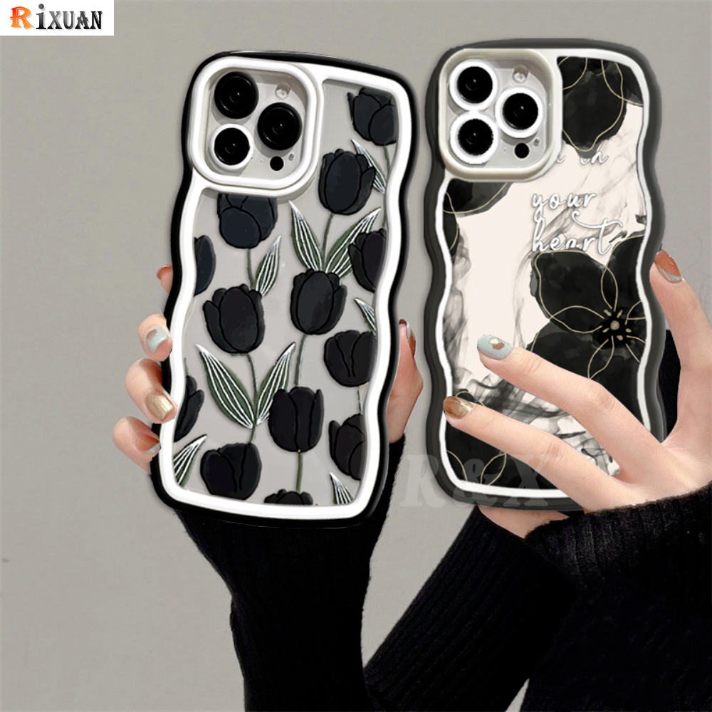 Casing Mewah Kompatibel Untuk iPhone 6Plus 11 Pro Max XR X XS Max 6s 7 8 6 14 Plus 13 11 12 14 Pro Max SE Wavy Case Luxury Inkwash Lukisan Bunga Teratai Soft TPU Clear Cover RIXUAN