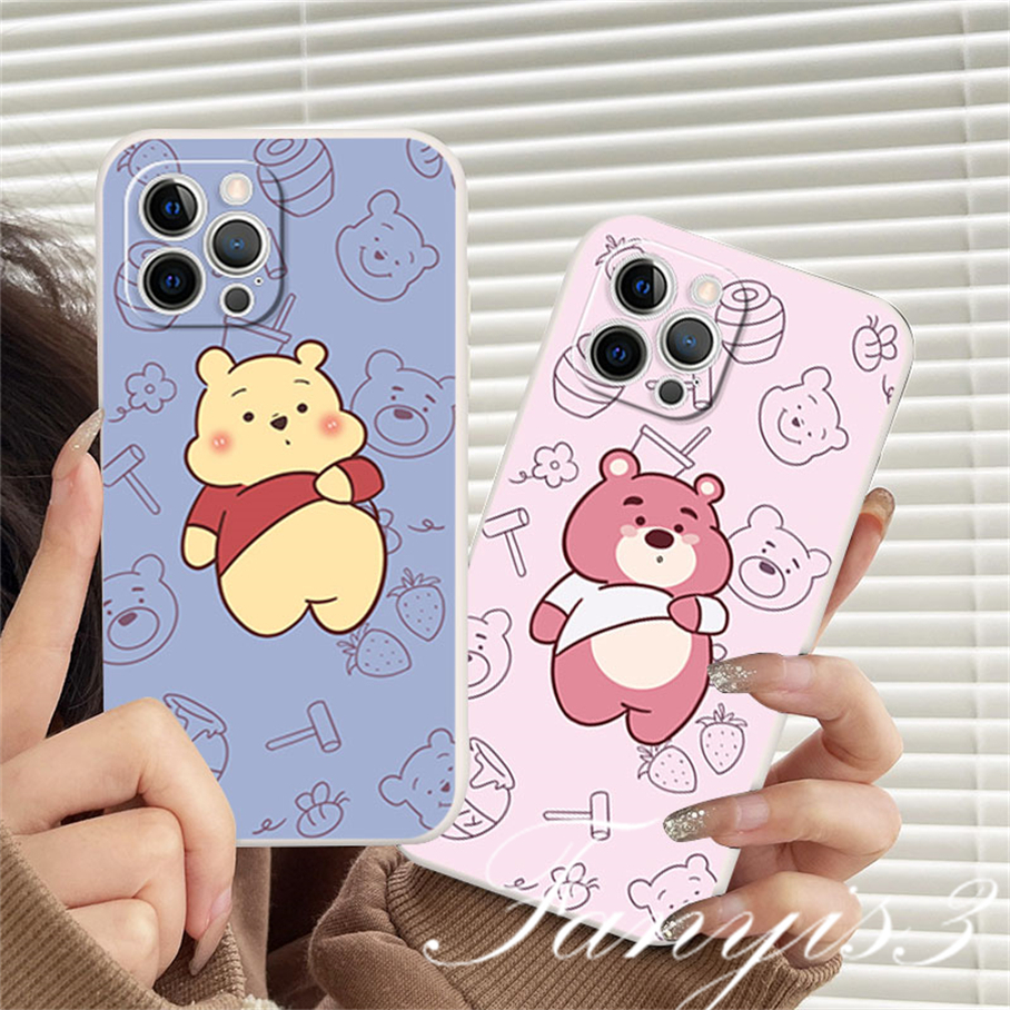 Compatible For iPhone 14 13 12 11 Pro Max X XR Xs Max 7 8 Plus SE 2020 Kompatibel Untuk Winnie Strawberry Bear Phone Case Silicon Soft Cover Pelindung