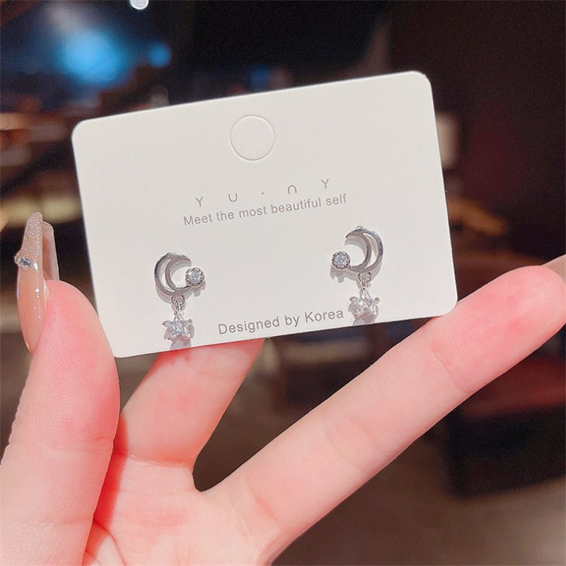 Anting Liontin Bulan Bintang s925 Perak Jarum Zirkon Gaya Jepang Korea Fashion Earrings Earrings