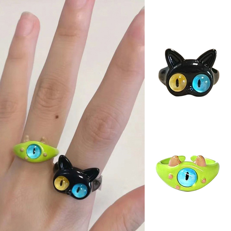 [Yumna] Cincin Pasangan Pacar Mata Besar Manis Keren Kartun Indah Lucu Kucing Hitam Monster Ring Kecil