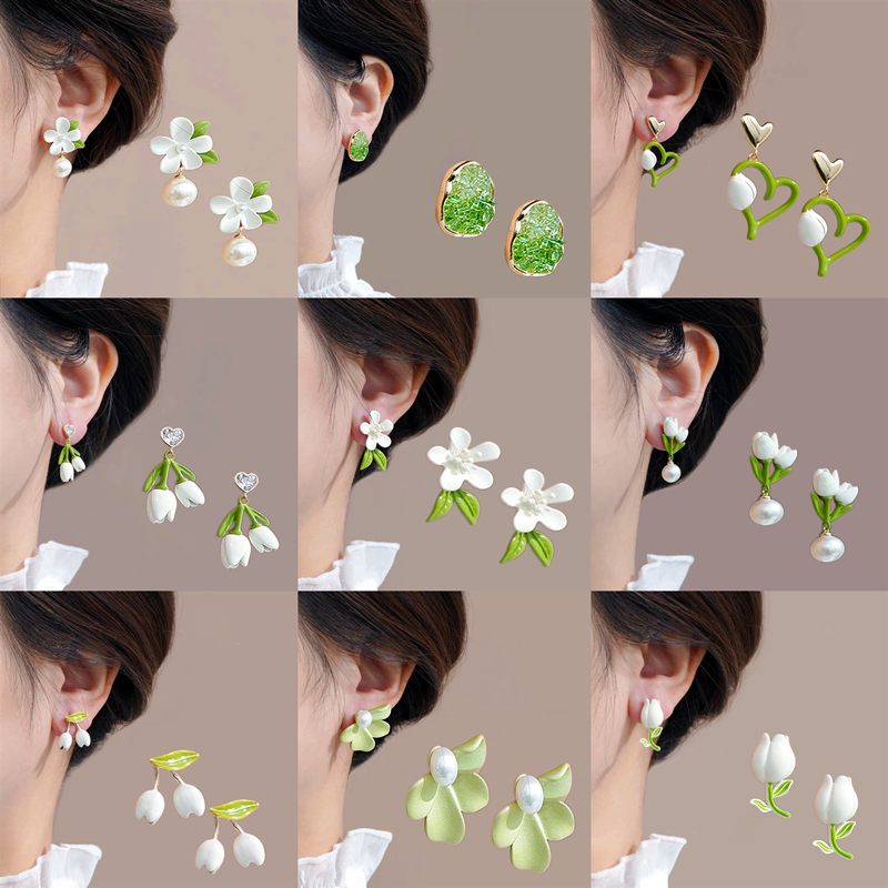 Musim Semi Dan Musim Panas Anting Bunga Tulip Baru Untuk Wanita Temperamen Anting Cinta Mutiara Antik Mode Remaja Anting Kristal Hijau