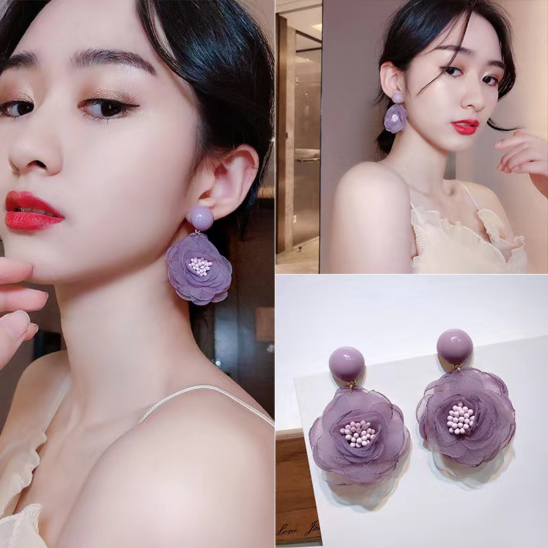 Anting Tusuk Silver 925 Wanita Desain Bunga Sifon Lace Ungu Gaya Jepang Korea