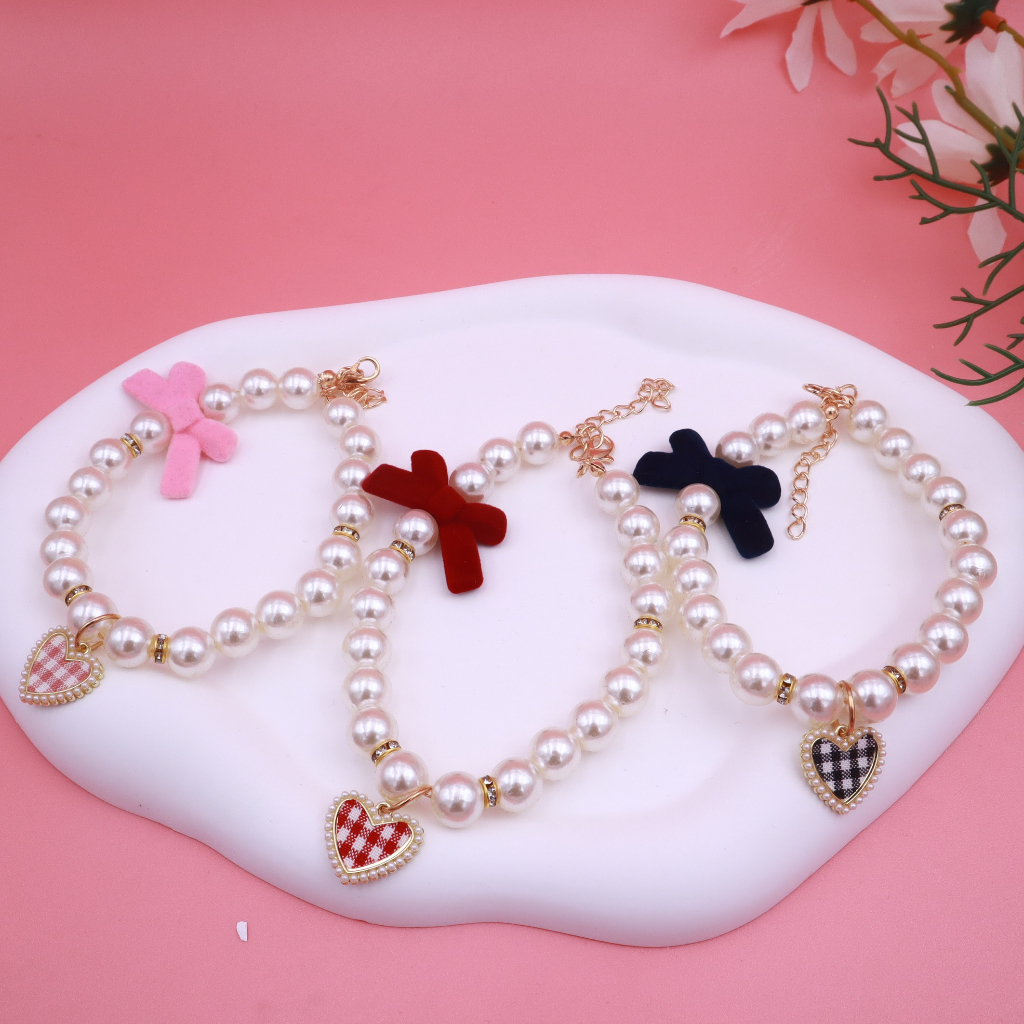 Pet cat pearl collar with velvet bow kitten dog love Mutiara vintage premium velvet bow princess Kalung