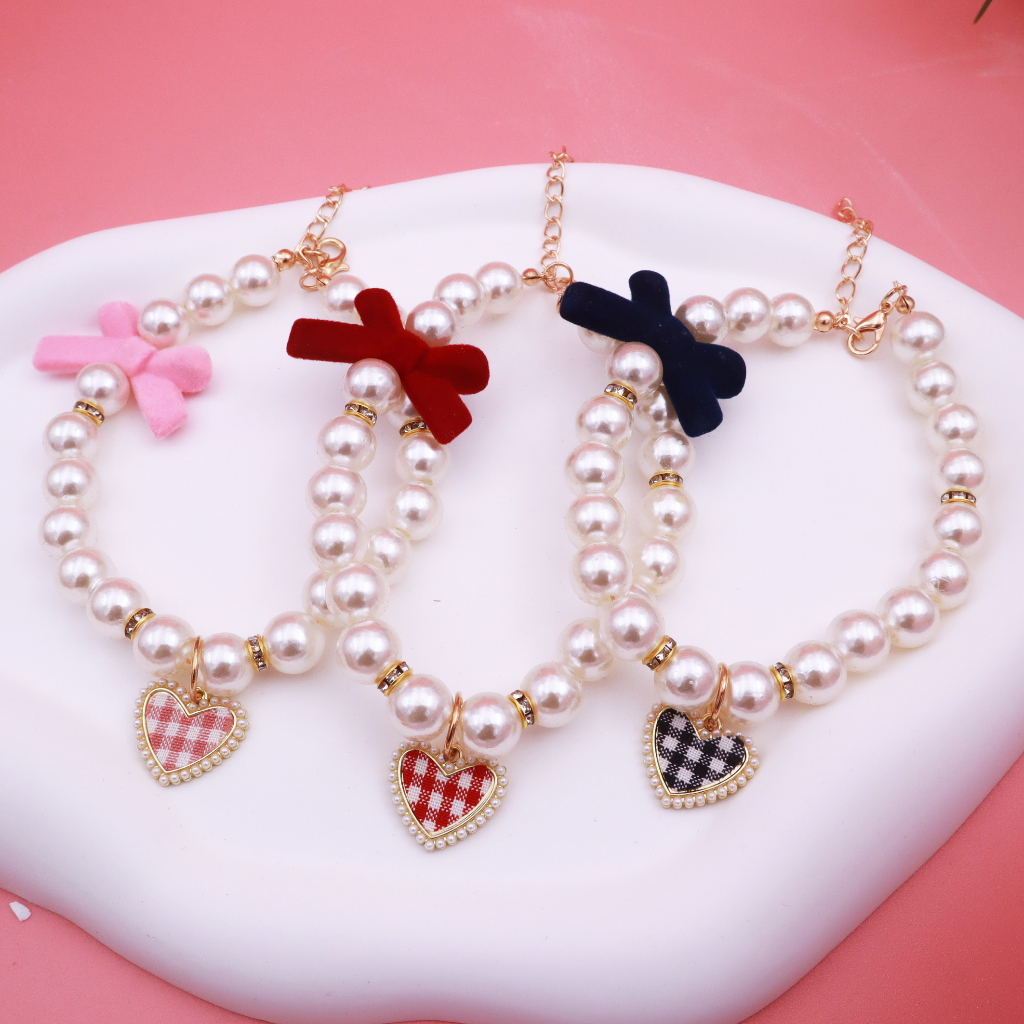 Pet cat pearl collar with velvet bow kitten dog love Mutiara vintage premium velvet bow princess Kalung