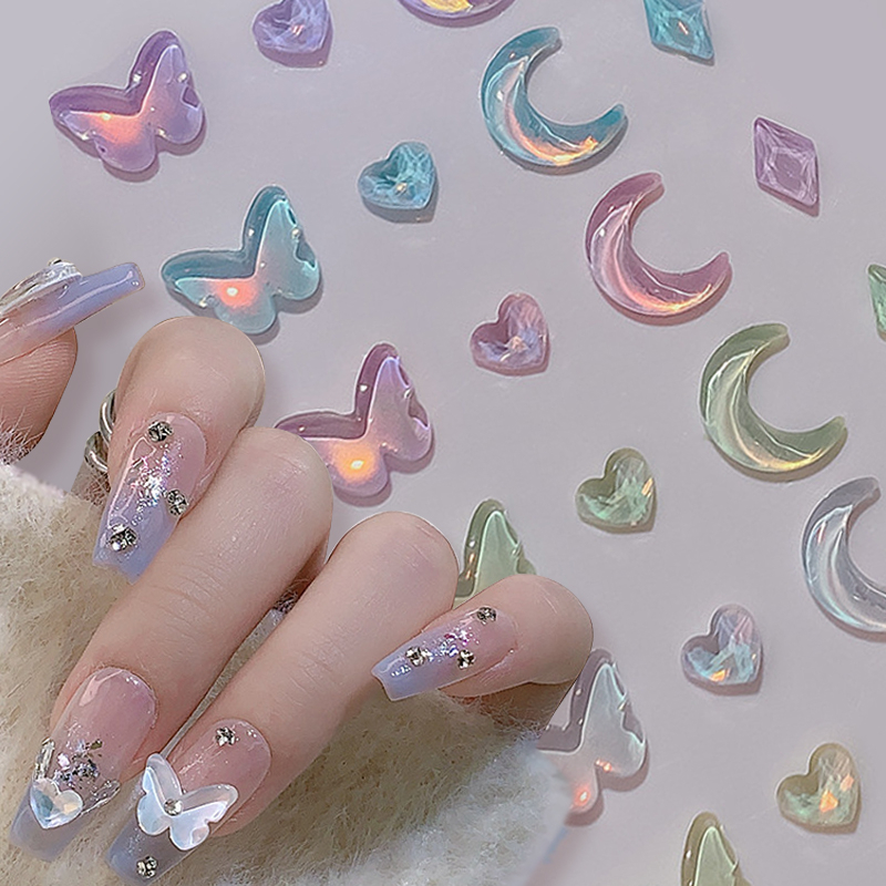 Kristal Kupu-Kupu 3D Nail Art Dekorasi Perhiasan Auroras Rhinestones Kuku Bulan Jantung Pesona Kuku Pita Desain Accessorie