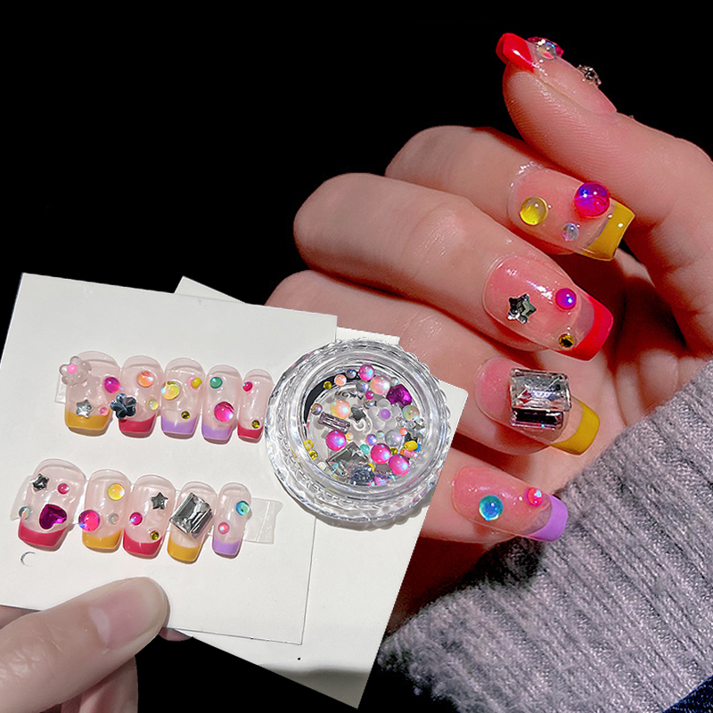 1box Warna-Warni 3D Kuku Berlian Imitasi Semi Transparan Manik Bagian Kuku Flatback Permata Pesona Kuku Untuk Aksesoris Dekorasi Nail Art