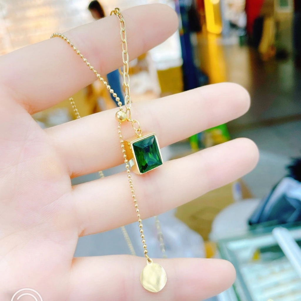 Fashion Kalung Geometris Persegi Emerald Melingkar Rumbai Liontin Kerah Rantai Kalung Hadiah Ulang Tahun Wanita