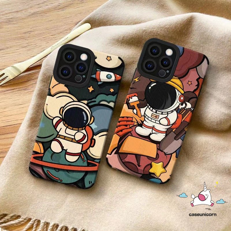 IPHONE Casing Ponsel NASA Astronot Kartun Lucu Kompatibel Untuk Iphone14 11 12 13 Pro MAX XR 7 8 Plus X XS MAX 7Plus Tekstur Kulit Mewah Silicon Lembut Shockproof Cover