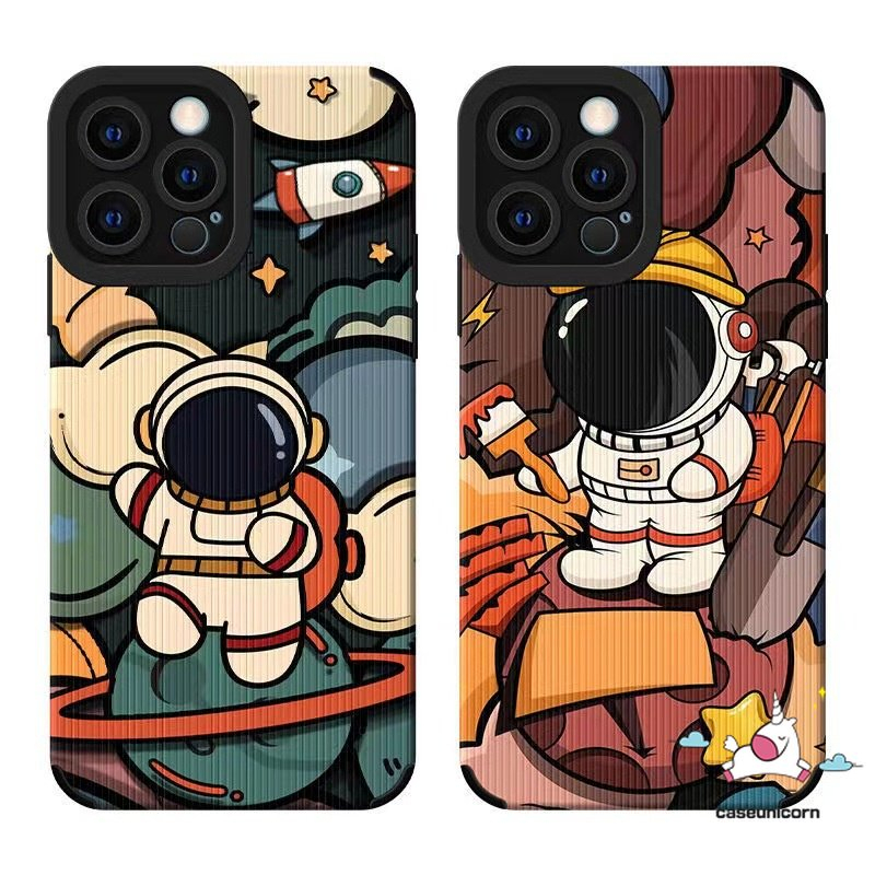 IPHONE Casing Ponsel NASA Astronot Kartun Lucu Kompatibel Untuk Iphone14 11 12 13 Pro MAX XR 7 8 Plus X XS MAX 7Plus Tekstur Kulit Mewah Silicon Lembut Shockproof Cover