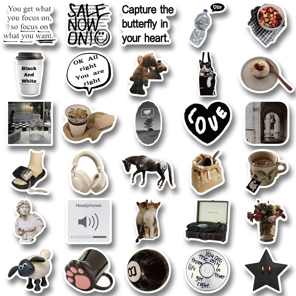 [in Stock] 60pcs Hitam Dan Putih Indah graffiti Stiker laptop Cangkir Air Tahan Air Stiker
