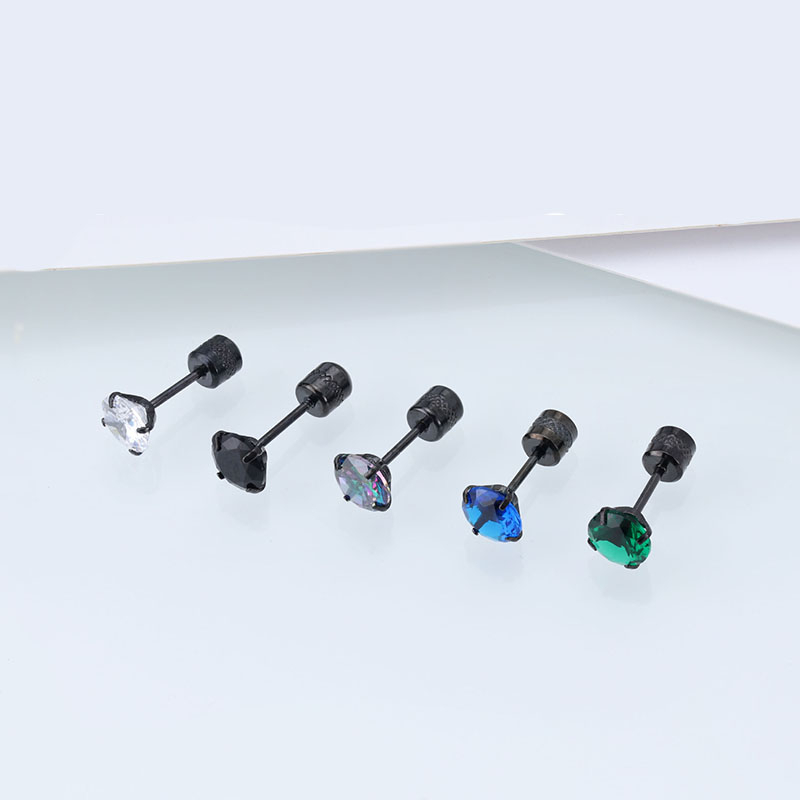 [ACKER] 5mm 1pasang Anting Tusuk Titanium Stainless Multicolor Diamond AAA+Zircon Warna Hitam Untuk Pria/Wanita