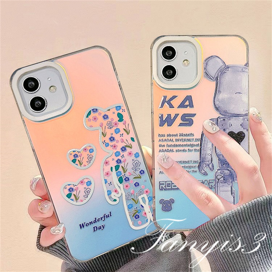 Compatible For IPhone 14 13 12 11 Pro Max X XR Xs Max 8 7 Plus SE 2020 Kompatibel Untuk Kartun Sederhana Beruang IMD Gradiasi Laser Ponsel Case TPU Lembut Shockproof Cover Pelindung