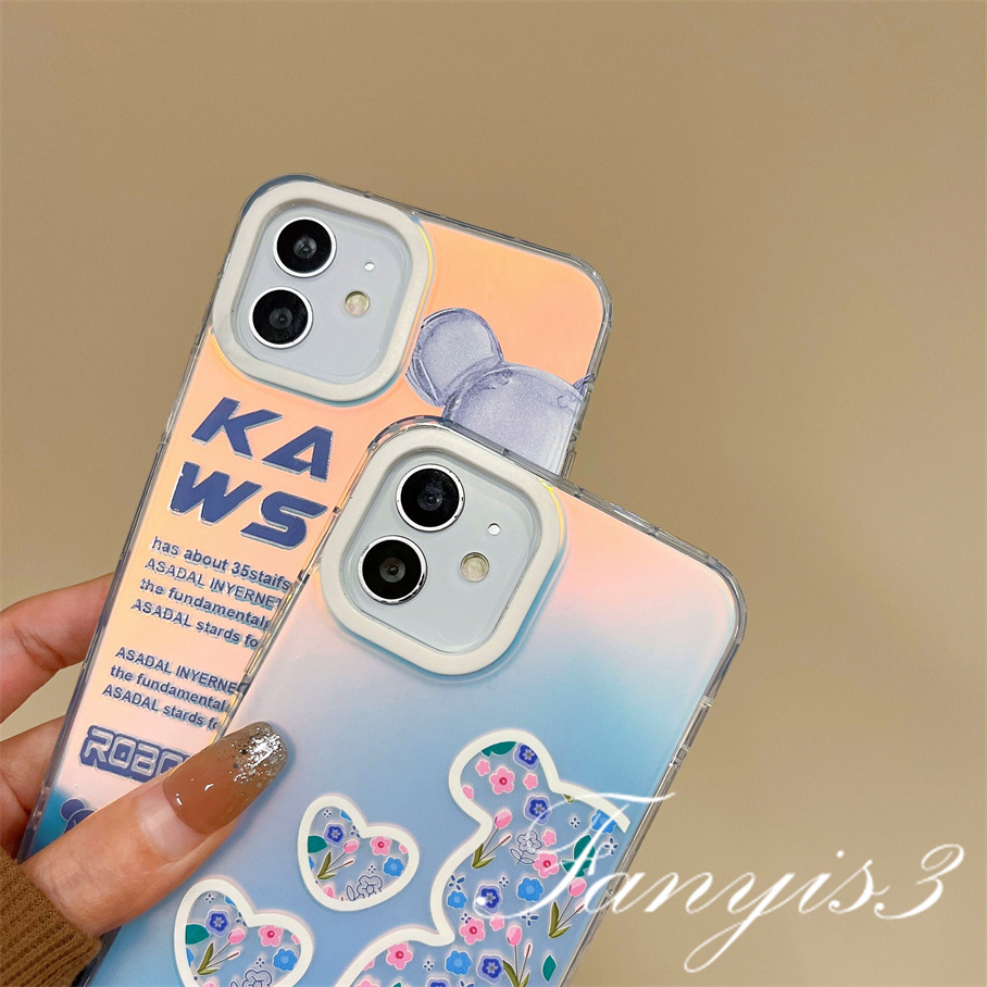 Compatible For IPhone 14 13 12 11 Pro Max X XR Xs Max 8 7 Plus SE 2020 Kompatibel Untuk Kartun Sederhana Beruang IMD Gradiasi Laser Ponsel Case TPU Lembut Shockproof Cover Pelindung