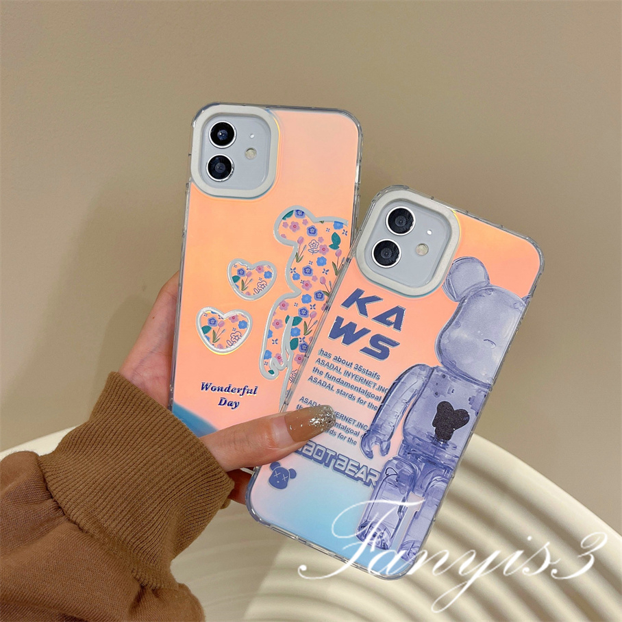 Compatible For IPhone 14 13 12 11 Pro Max X XR Xs Max 8 7 Plus SE 2020 Kompatibel Untuk Kartun Sederhana Beruang IMD Gradiasi Laser Ponsel Case TPU Lembut Shockproof Cover Pelindung