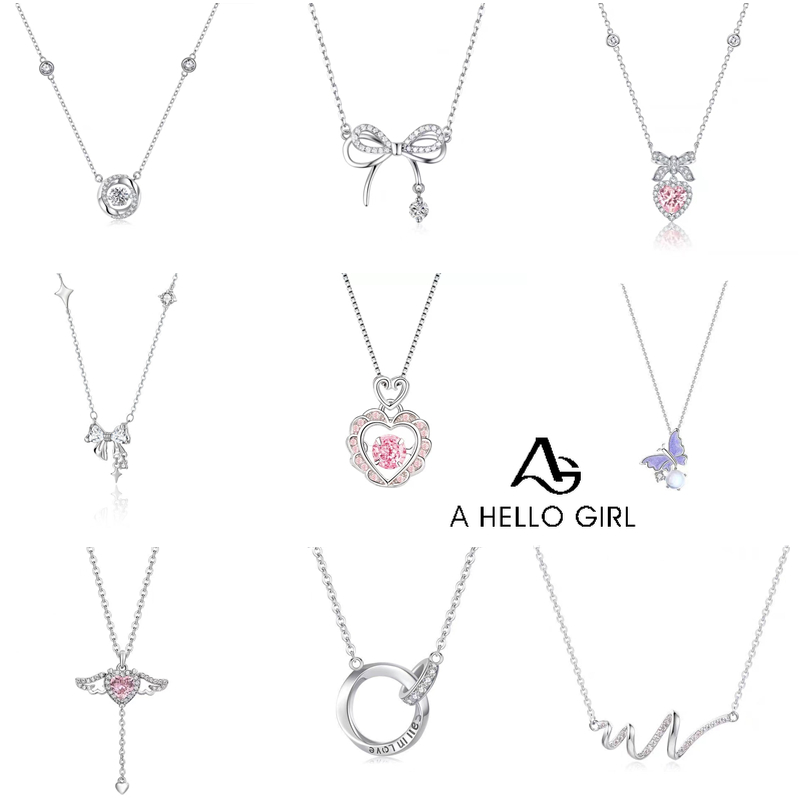 Ahellogirl Kalung Kerah Liontin Love Pink Ikatan Simpul Zircon Silver Plated Untuk Wanita Perempuan