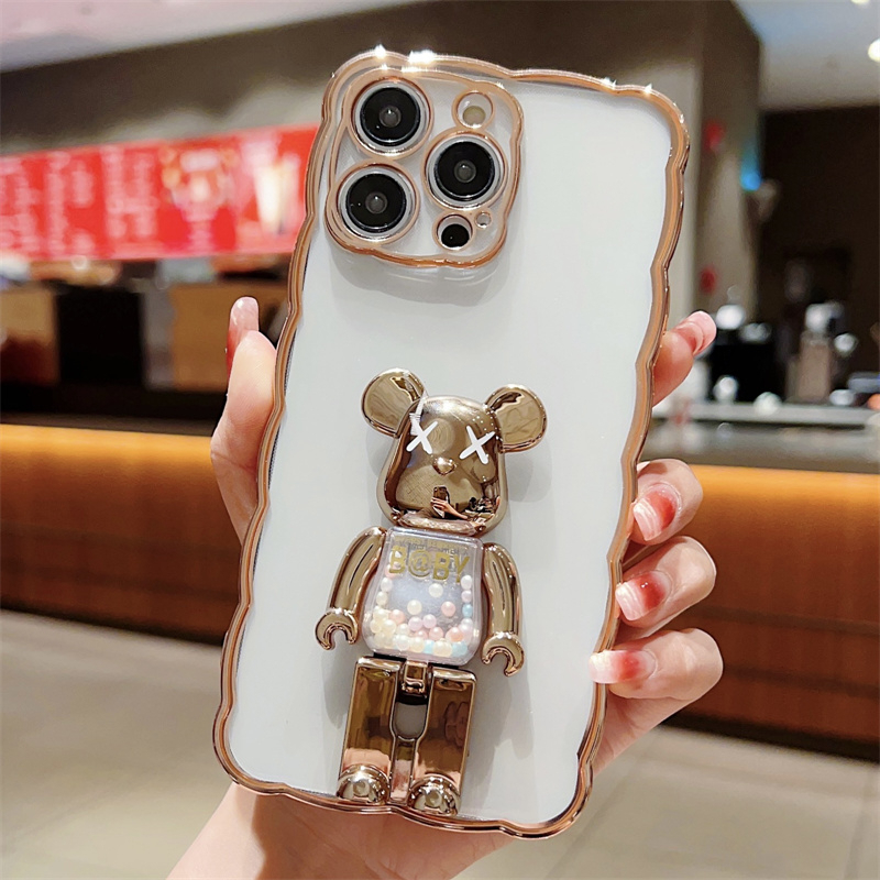 IPHONE Mewah Permen Beruang Plating Transparan Soft Case Untuk Iphone14 13 12 Pro Max14 Plus Fashion Kekerasan Beruang Berdiri Kreatif Silikon Shockproof Casing Belakang