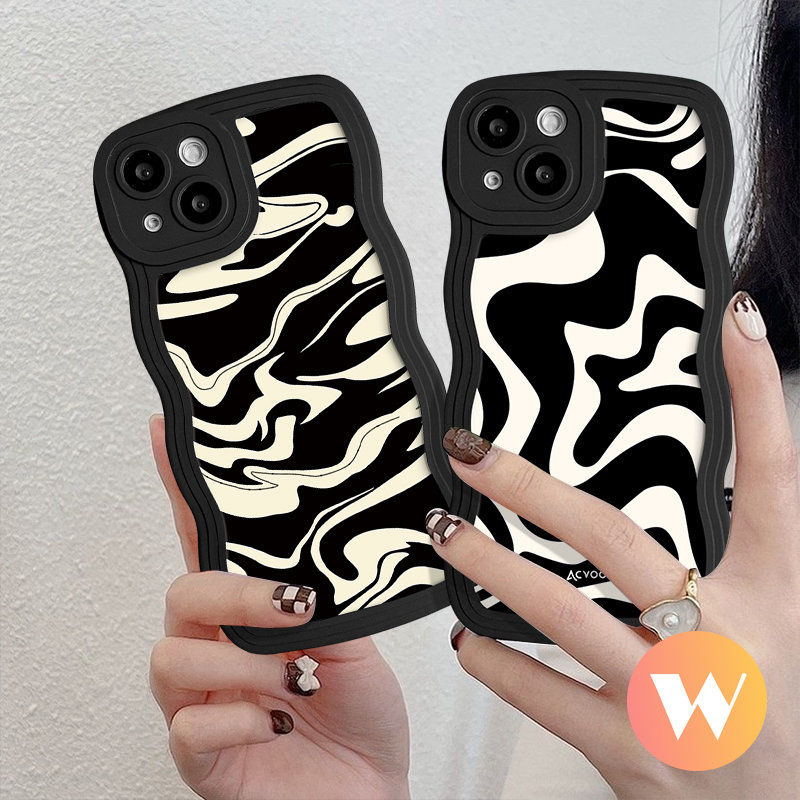 IPHONE Fashion Leopard Pola Bergelombang Tepi Case Kompatibel Untuk Iphone11 Pro Max 7Plus 8Plus XR X XS Max 13 12 14 Pro Max 6 6s 7 8 14 Plus SE 2020 Lembut Tpu Tidak Teratur Zebra Stripe Cover