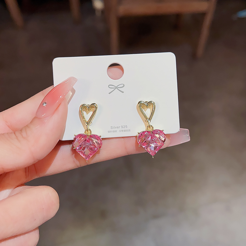 XiaoboACC 925jarum Perak Korea Fashion Merah Muda Zirkon Cinta Hati Mahasiswa Stud Earrings