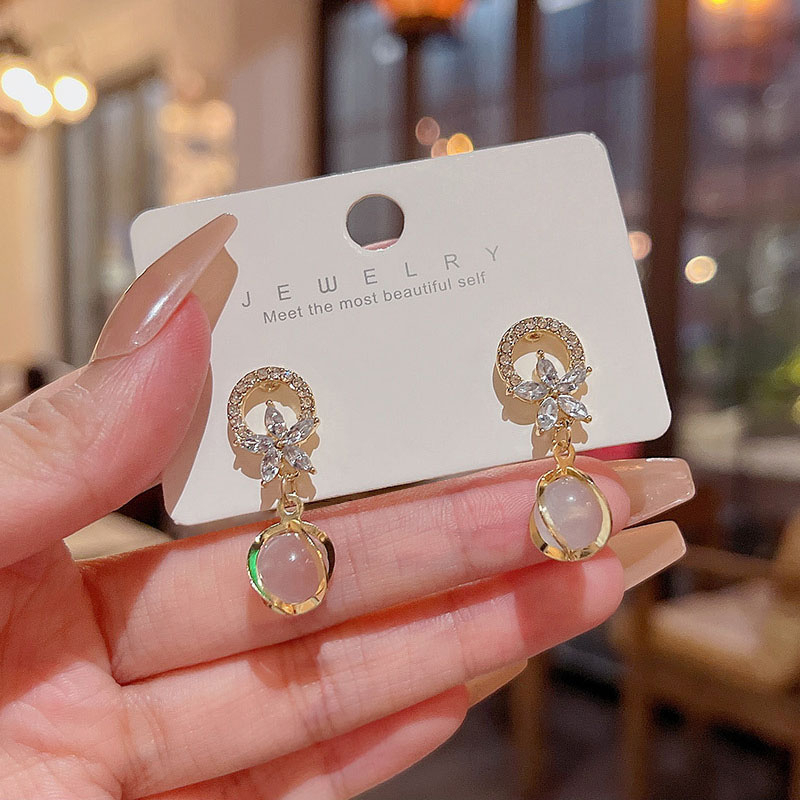 925jarum Perak Indah Zirkon Anting Bunga Untuk Wanita Mewah Opal Pendant Earrings